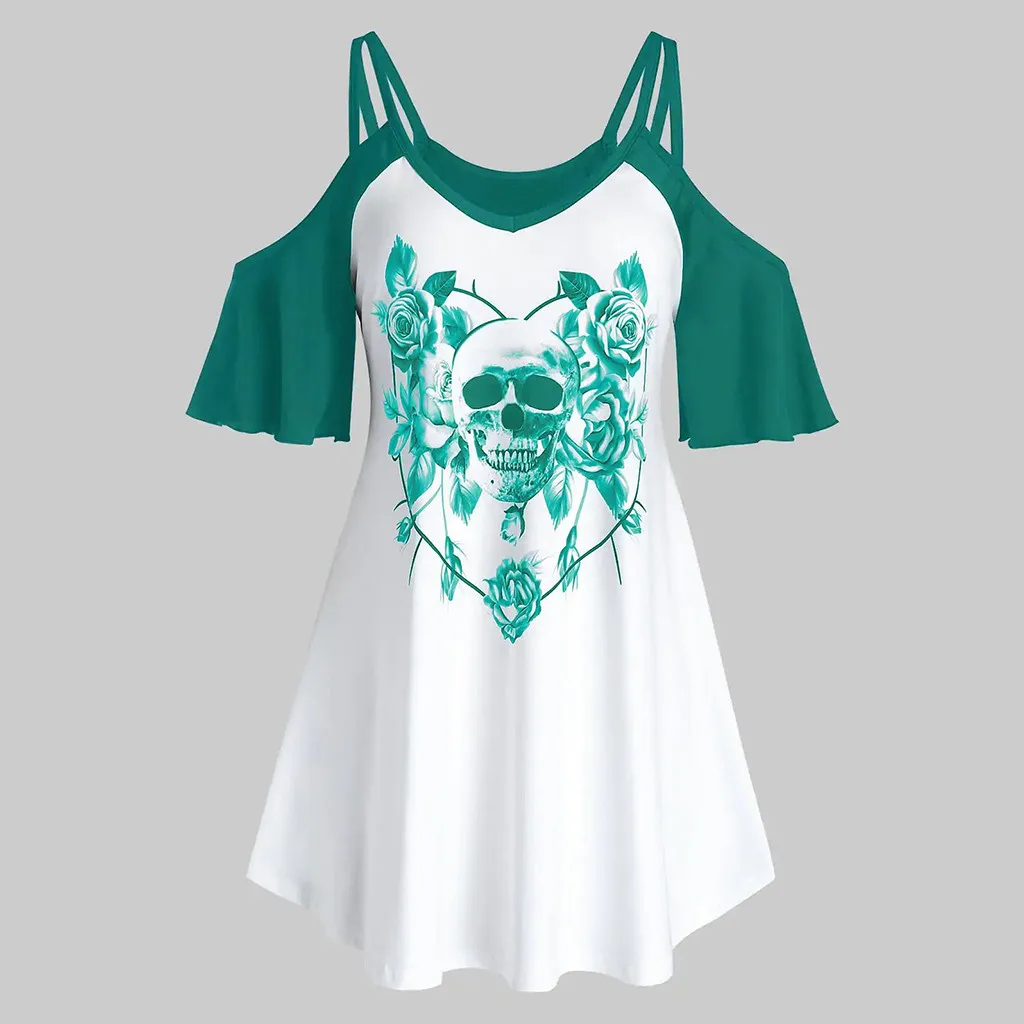 Женская летняя футболка с открытыми плечами принтом в виде черепа и цветов
