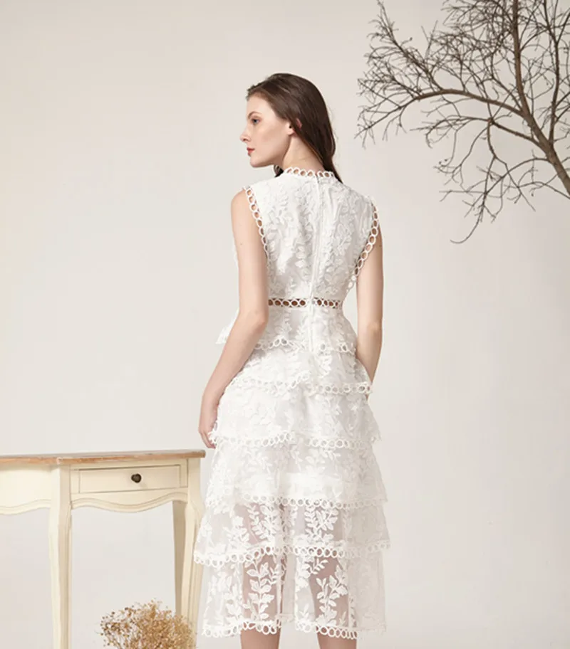 

2021 New Runway self portrait dress Hollow Out Lace Sleeveless Cake Dress Women Sexy Deep O-Neck Party dresses Vestido robe