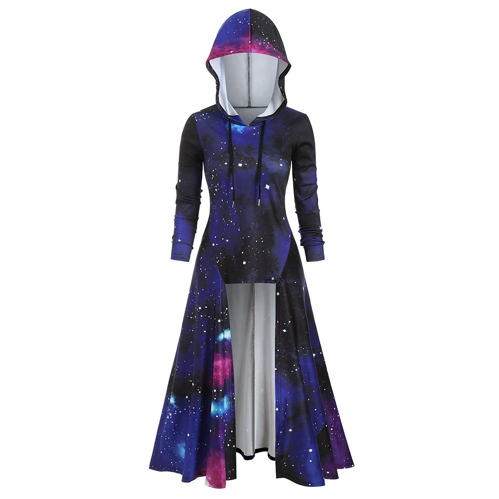 Navy Blue ROSEGAL, с капюшоном, с принтом Галактики, с высоким разрезом, макси Топ, удлиненные, повседневные, вечерние платья,, Осенние, на шнуровке, в пол, с капюшоном, платья 3XL - Цвет: Navy Blue