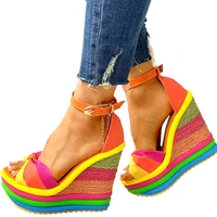 elegant ins hot sale rainbow colorful 2021 summer wedges sandals party platform extreme high heels shoes woman plus size 43