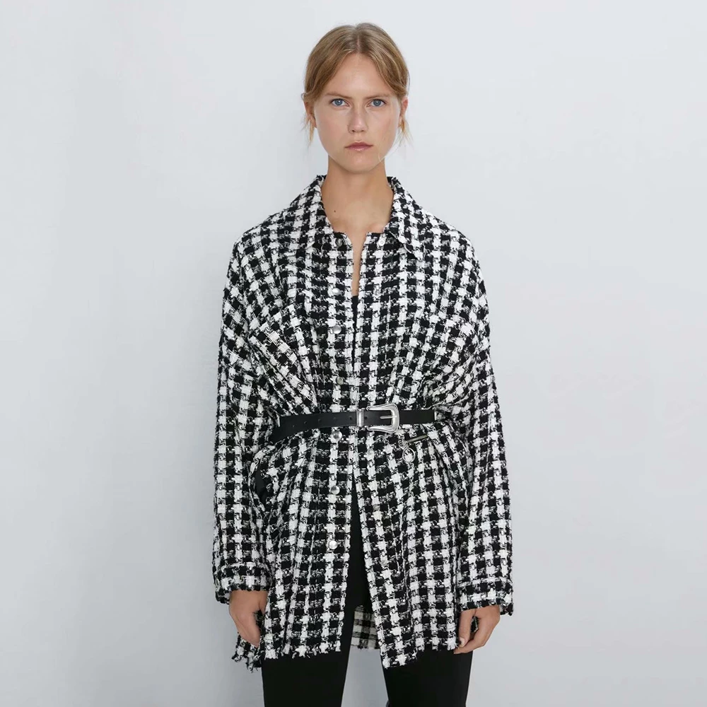 Новое Женское черно-белое клетчатое пальто ZA 2019 свободная куртка с отложным