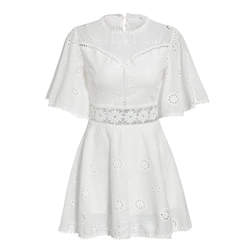 Белое Кружевное хлопковое вечерние-платье с открытой спиной и круглым вырезом -