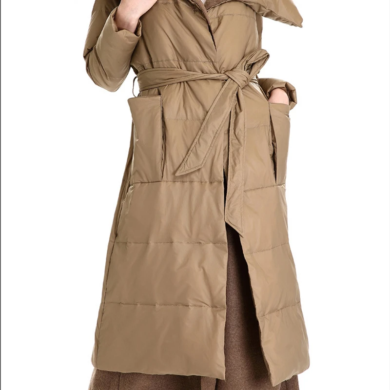 

Loose Long Style Khaki Color Splicing Knee-Length Winter Warm Light White Duck Jacket Women Clothes Down Coats With Sashes