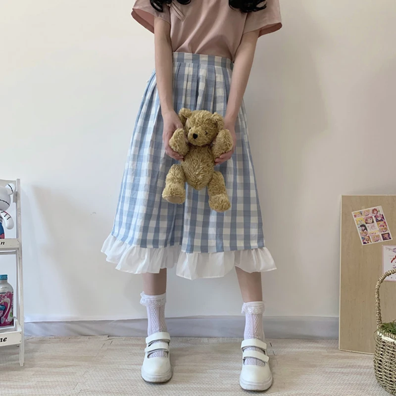 

Sweet Teen Girl Plaid Long Skirt Vintage Ruffle Blue White Over Knee Length Saia Women Mori Lolita Cute Pleated Midi Skirts Tutu