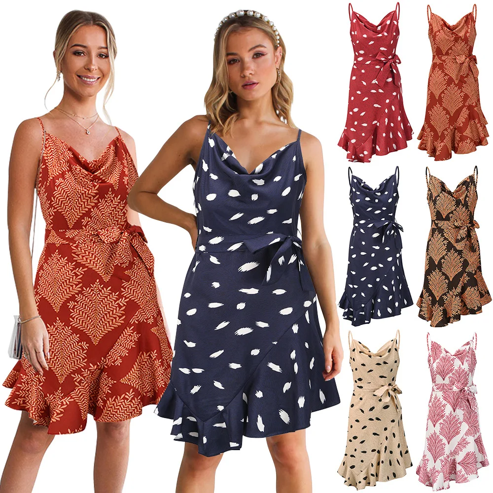 

Woman Summer Dress Sexy Fashion Party Irregular Belt Spaghetti Dresses For Women Print Elegant Ladies Clothes Beach Sundress