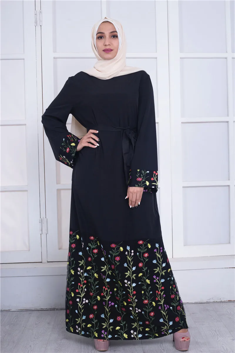 Abaya мусульманское платье вышитые кружева сшитое черное с юбкой до щиколотки