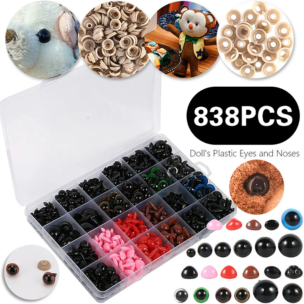 

838Pcs DIY Doll Decor Accessories Plastic Colorful Assorted Size Safety Eyes And Noses With Washers Set For Plush Doll Toy Craft