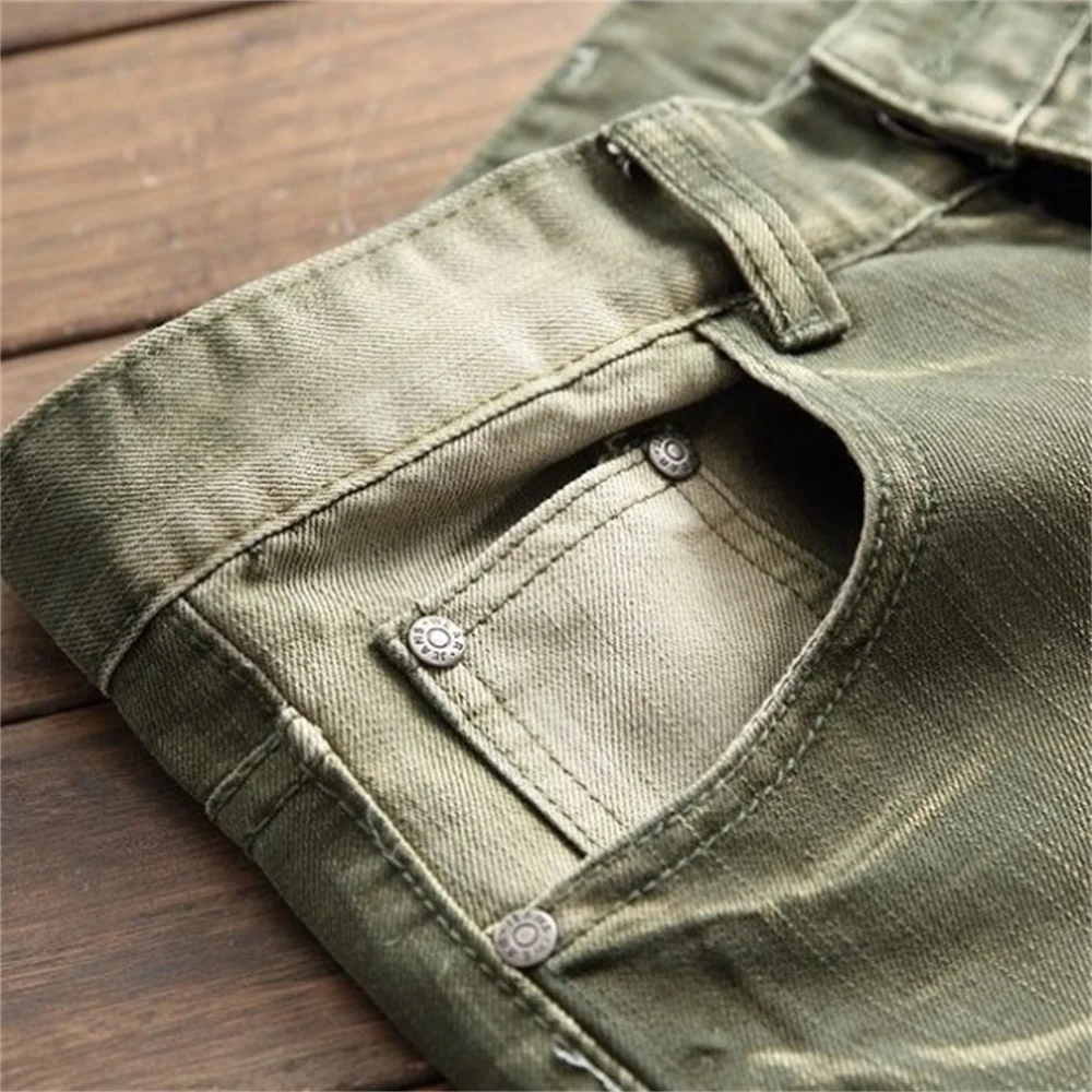 EH·MD® Pleated Hole Patch Army Green  Jeans Men's Cotton Soft Small Straight High Street Personalized Slim Pants Motorcycle New