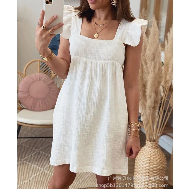 

Mandylandy Dress Summer Fashion Square Collar Sleeveless Ruffles Stitching Pleated Dress Women's Casual Solid Color Loose Dress