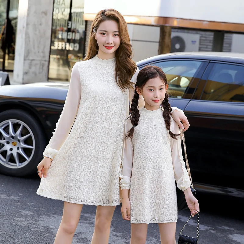Семейная одежда WLG платья для мамы и дочки белое синее вечерние летчатое