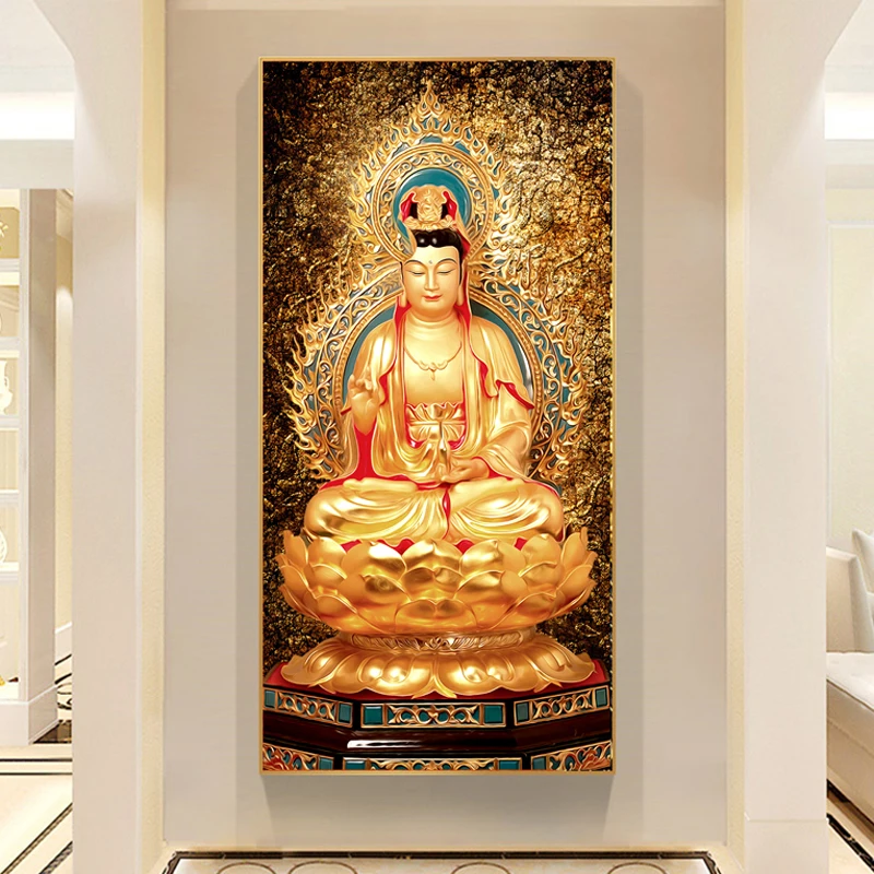

Golden Buddha Metal Statue Canvas Painting Religious Poster and Prints Wall Art Pictures for Living Room Home Decor Cuadros