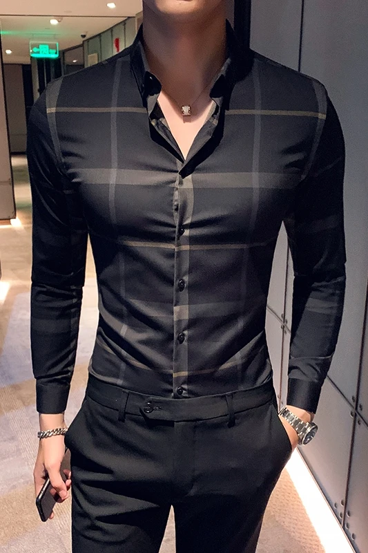 

Plaid High Quality Shirts Men Fashion Casual Business Dress Shirts Man Long Sleeve Slim Fit Social Party Blouse Camisa Masculina
