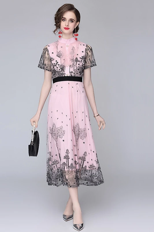 

COIGARSAM French Style Women dress New Summer Vintage Mesh High Waist Dresses Pink Sky Quietly Elegant 8639