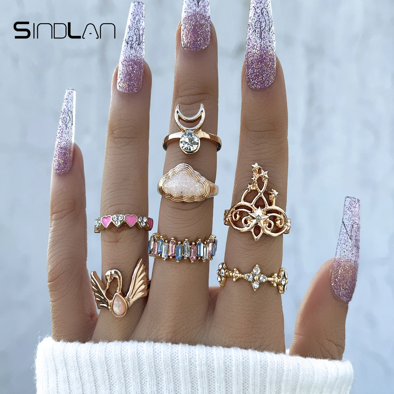 

Sindlan 7Pcs Kpop Multi Color Color Crystal Gold Rings for Women Cute Cloud Swan Heart Female Y2k Fashion Jewelry Anillos Mujer