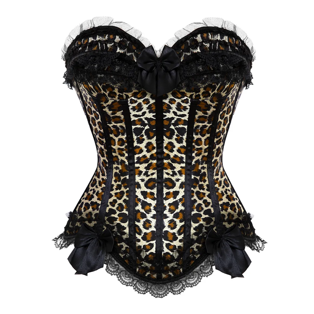 Bustier and Corsets Sexy Striped Lace Bow Trim Overbust Corsets Vintage Leopard Womens Plus Size Satin Lace Up Boned Zip Corset