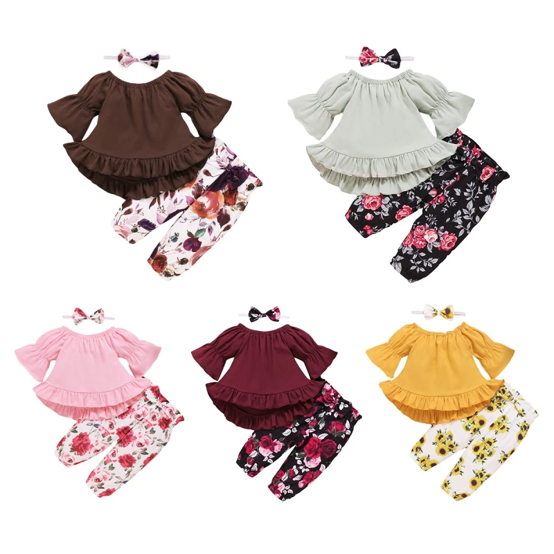 

Baby Clothing Fashion Newborn Baby Solid Color Flared Sleeve Top + Floral Trousers + Headband Children's Sets