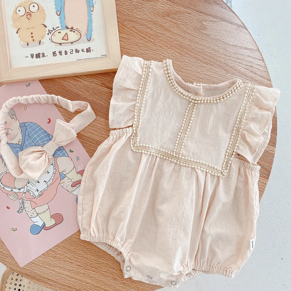 

2021 Summer Thin Baby Girl Clothes Cute Fly Sleeve Jumpsuit For Baby Girl Bodysuit Cotton Princess Onesie With Bow Headband