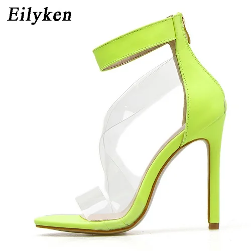 Green Eilyken/летние флуоресцентные зеленые женские босоножки на высоком каблуке с открытым носком; женские прозрачные босоножки из ПВХ на молнии с ремешком вокруг щиколотки - Цвет: Green