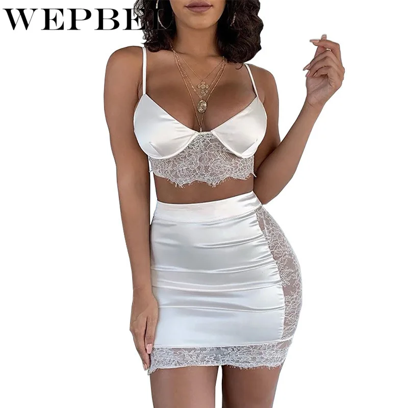 

WEPBEL Women's Bralette Top and Skirt Plus Size S-3XL Lace Two Piece Set Clubwear Outfits for Women