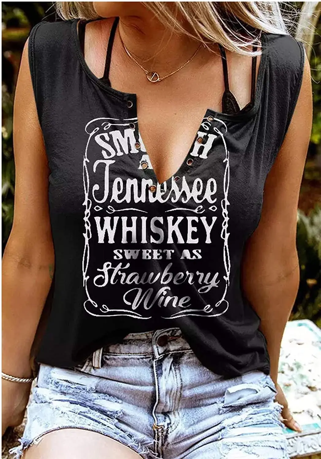 

Smooth As Tennessee Whiskey Sweet As Strawberry Wine Shirt Ring Hole Sleeveless V-Neck Tank Top Womens Country Music Tee