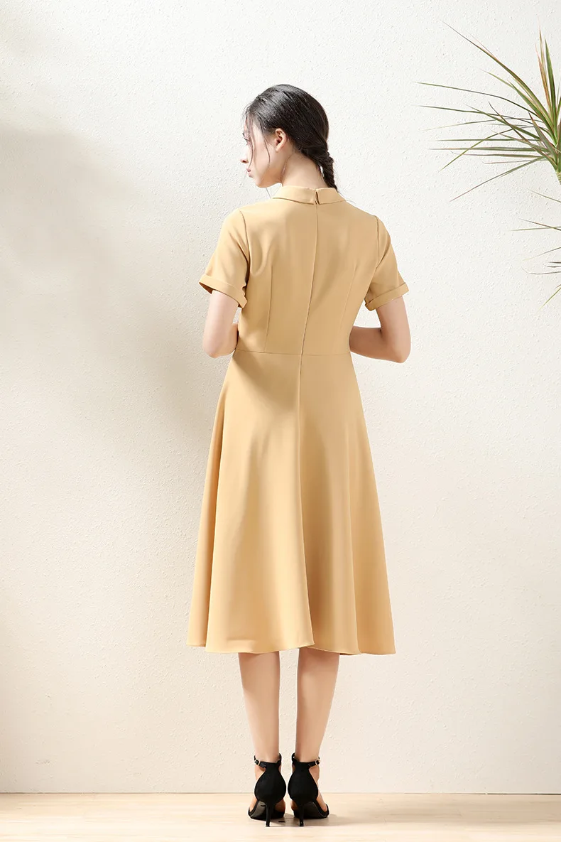 

2021 Spring Summer Women's New Fashion Yellow Color Dress Button-decorated Dresses Solid Color slim-fit pleated Midi Skirt