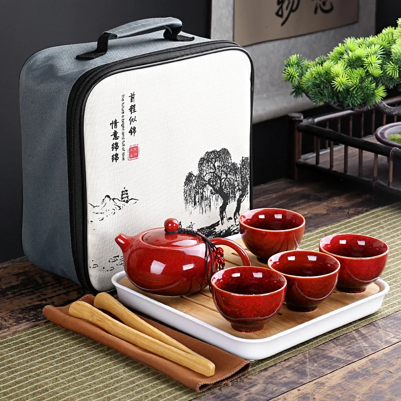 

Ceramic Travel Bag Tea Set One Pot Four Cups Outdoor Kiln Transformation Xishi Pot Multilcolor Kung Fu Teaware Designer Gift New