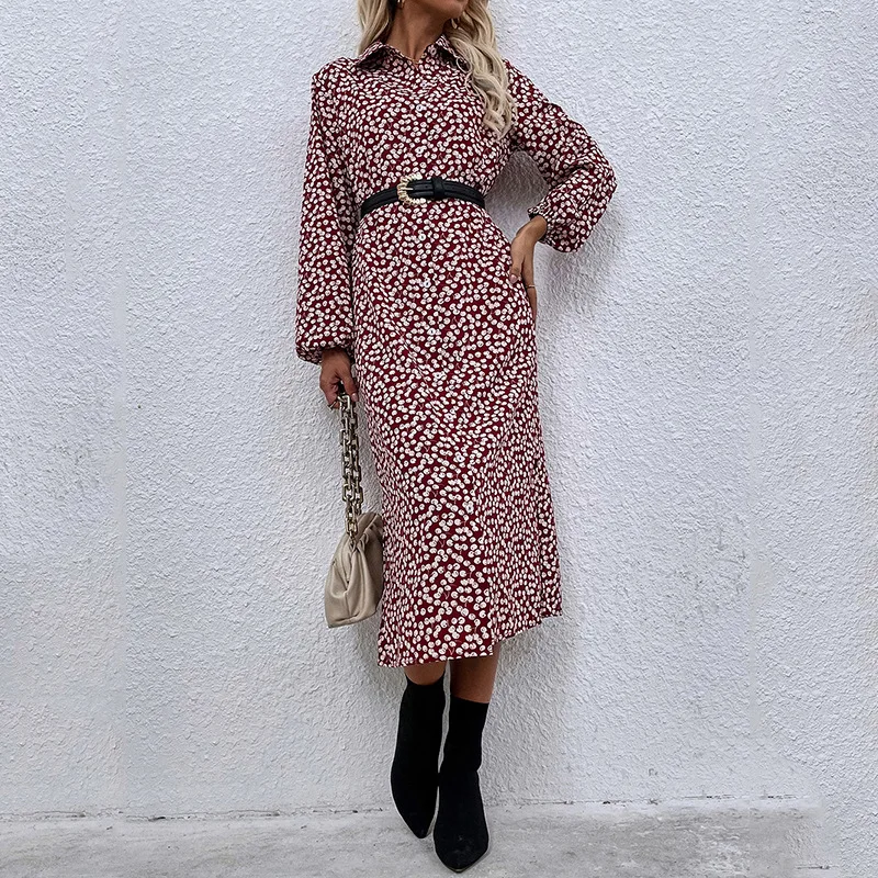 

Women 2022 New Autumn Cherry Print Lapel Long Sleeve Single Breasted Shirt Dress For Ladies Fashion All Match High Waist Dresses