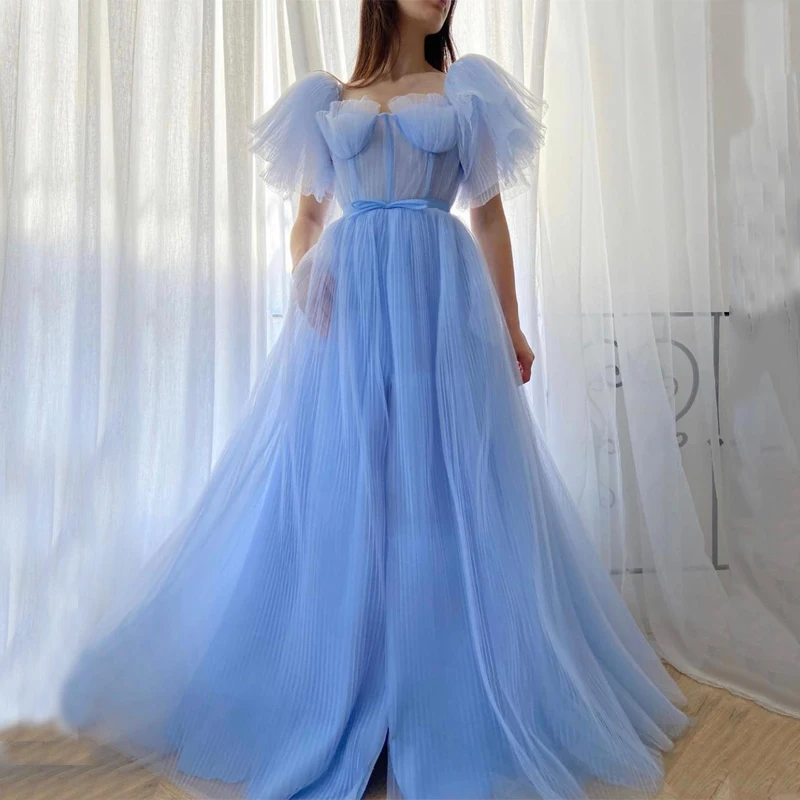

2022 Elegant Blue Prom Dress Strapless Neckline Puffy Sleeve Formal Party Dress A-Line Tulle Evening Gowns Robe De Soirée