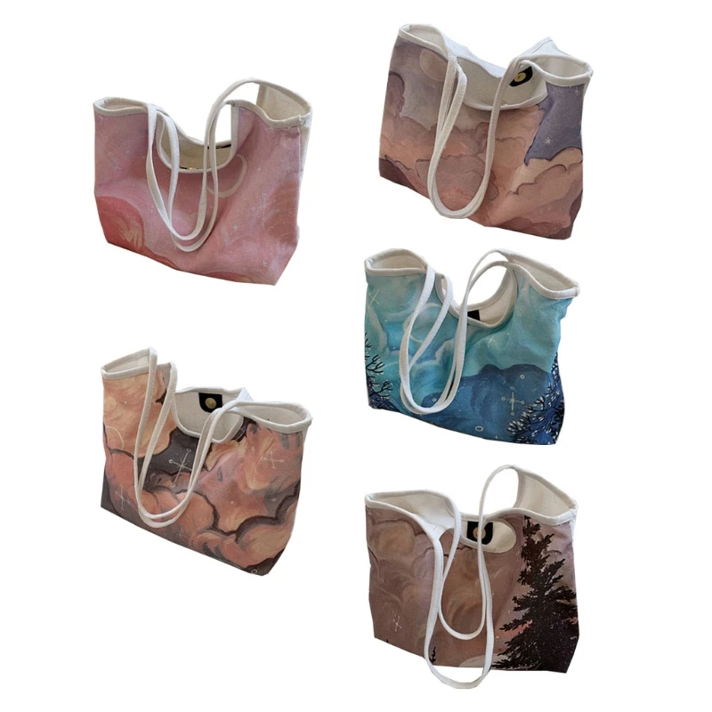 

H8WD Canvas Clutch Bags Oil Painting Large Casual Shoulder Bag Retro Handbag