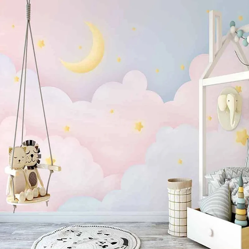 

Custom Mural Wallpaper 3D Hand Painted Pink Starry Sky Clouds Cartoon Moon Children's Bedroom Fresco Self-Adhesive Wall Stickers