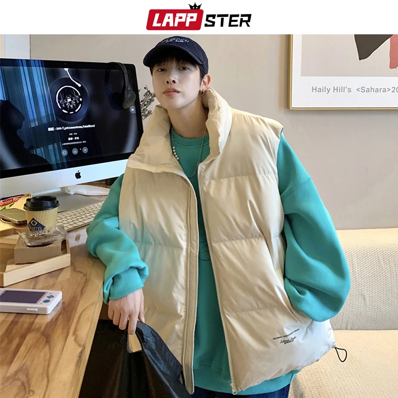 LAPPSTER Men Japanese Streetwear Bubble Coat 2022 Mens Winter Japanese Streetwear Parkas Vests Man Korean Fashion Oversized Vest