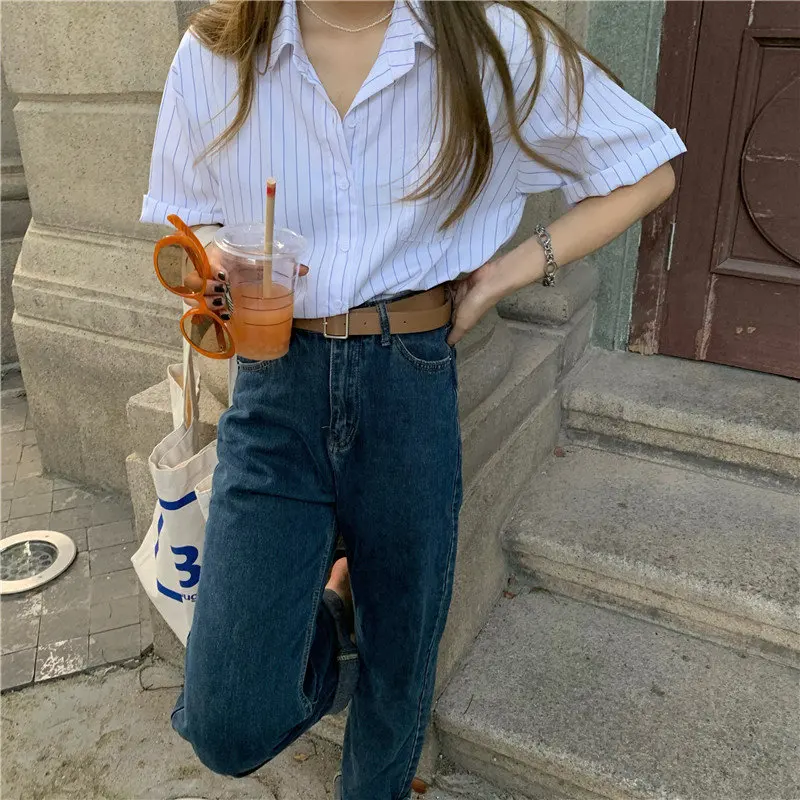 

HziriP Stylish New Office Lady Simple Hot Lady Striped Chic 2020 Women Hot Short Sleeves All Match Geometric Elegance Shirts