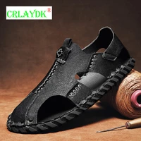 crlaydk men leather sandals outdoor summer hand stitching slip on closed toe slippers breathable casual footwear walking shoes