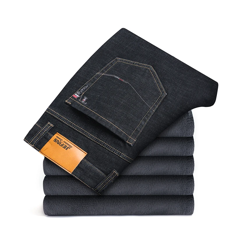 

Winter Men's Warm Thick Jeans Plus Size 42 44 46 Business Fashion Black Blue Regular Fit Denim Stretch Trousers Male Brand Pants