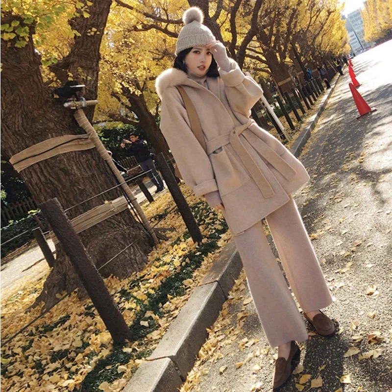 

2020 Women Coat Cashmere Outerwear Winter Clothing Fashion Warm Woolen Blends Female Elegant Hooded Belt Loose Woolen Coat