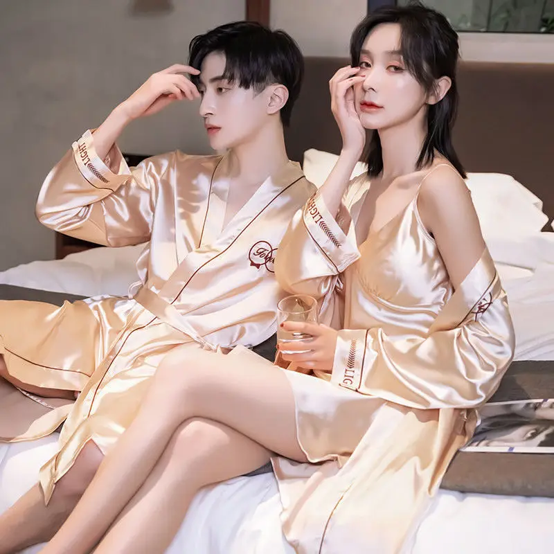 Extra Large Black 2pcs Robe Suit Sleepwear Male Silk Champagne Dressing Gown Robe Lovers Mens Satin Bathrobe Silk Kimono XXXL