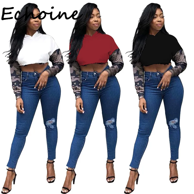 Повседневные короткие толстовки свитшот камуфляжный цвет укороченные топы в