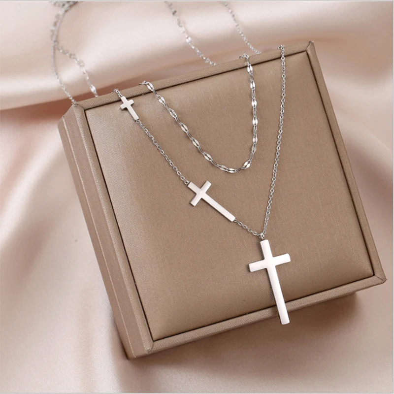 

XIYANIKE 316L Stainless Steel 2 Layer 2 Colors Cross Necklaces Thick Chain Choker 2021 New For Women Fashion Party Jewelry Colar