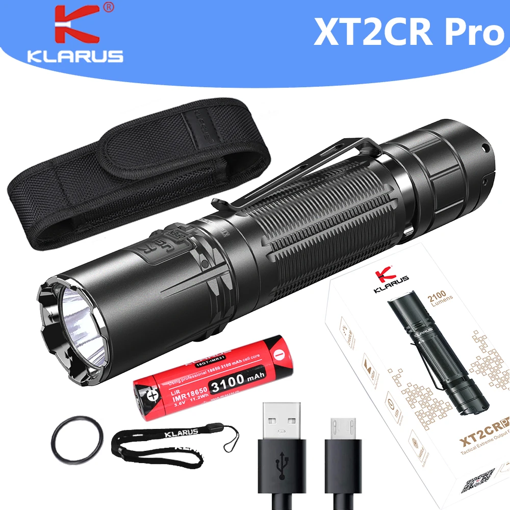 Klarus XT2CR PRO Rechargeable Compact Tactical Flashlight  XHP35 HD 2100LM LED Flashlight with 18650 Battery for Self Defense