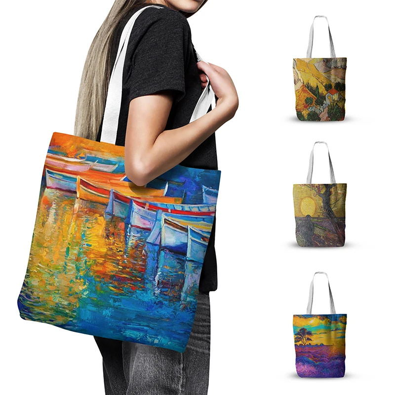 

New Oil Painting Retro Style Canvas Bag Women Hand Shopping Bag Large Capacity Shoulder Bag Fun Landscape Sailing Boat Tote Bag