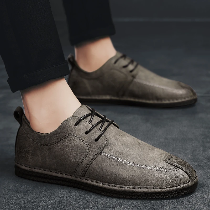 

Туфли-оксфорды мужские из натуральной кожи, Уличная обувь на шнуровке, плоская подошва, круглый носок, Ретро стиль, модные