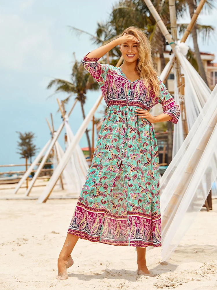 

2020 Bohemian Printed Bikini Cover Ups Button Beach Dress Blue Cotton Tunic Women Plus Size Beach Wear Swim Suit Cover Up Robe