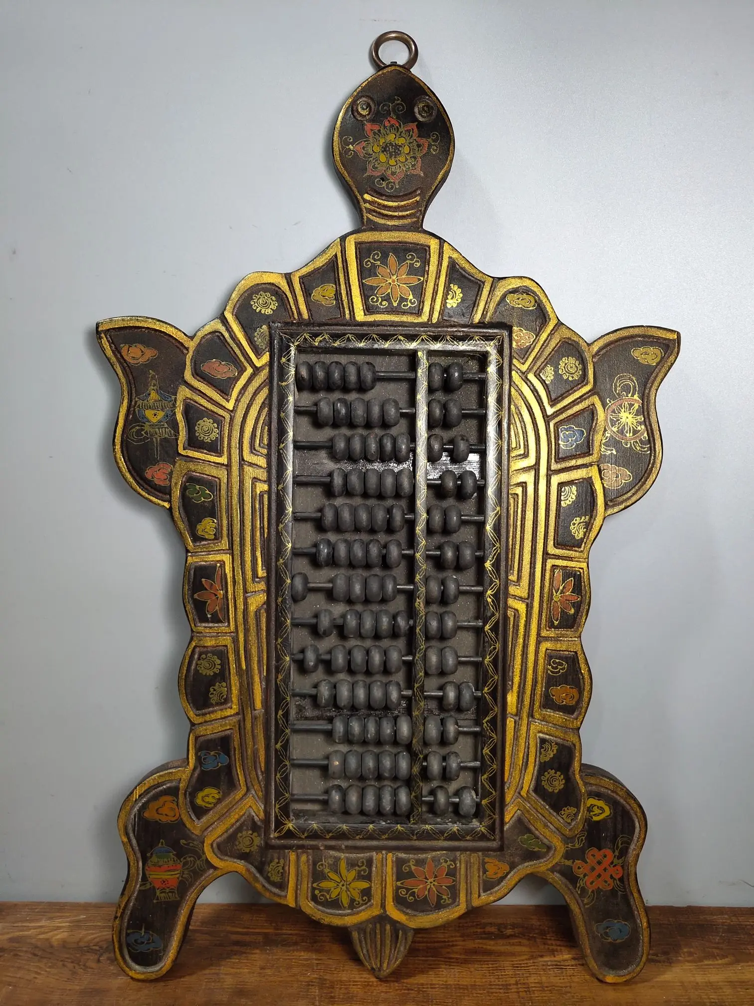 

22"China Collection Old wood lacquerware Abacus hanging screen Painted Longevity Turtle Statue abacus Lucky Town House Pendant
