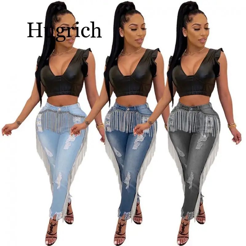 Женские рваные джинсы с бахромой и высокой талией Осенние эластичные облегающие