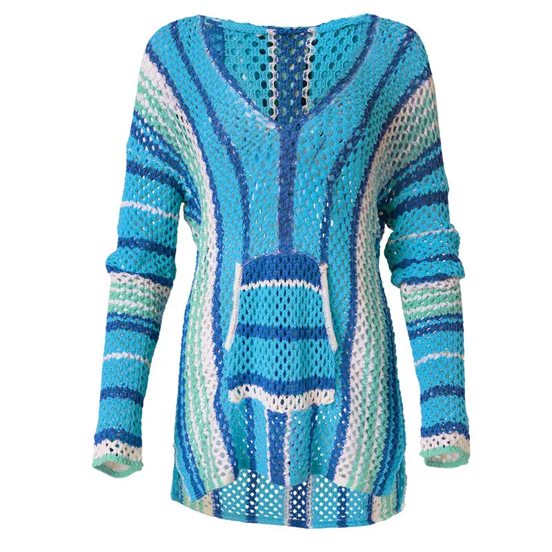 2022 Bikini Cover-ups Sexy Deep V-neck Long Sleeve Summer Beach Dress Crochet Tunic Women Wear Swim Suit Cover Up Q1064 | Женская одежда