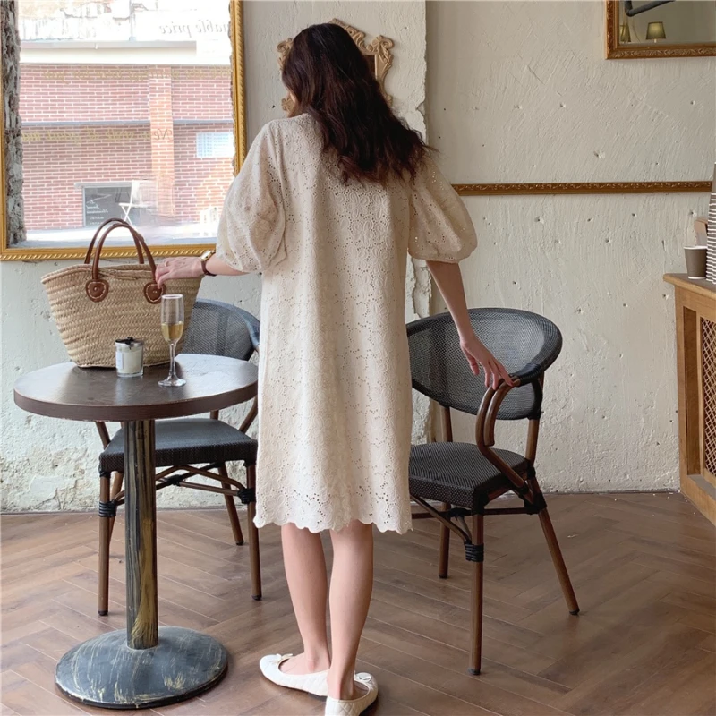 

KUSAHIKI Korean Hollow-out Woman Dress Causal Elegant Puff Sleeve O-neck Dresses Chic Summer 2021 New Vestidos Feminimo 6G852