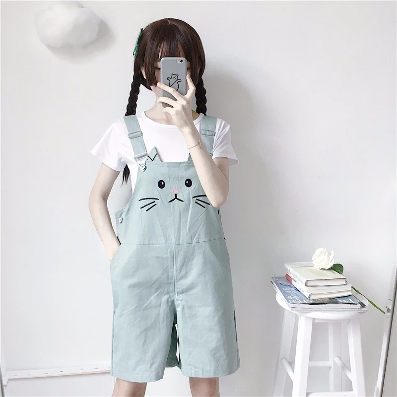 Летние новые женские шорты на подтяжках милые с вышивкой в виде кота Свободные