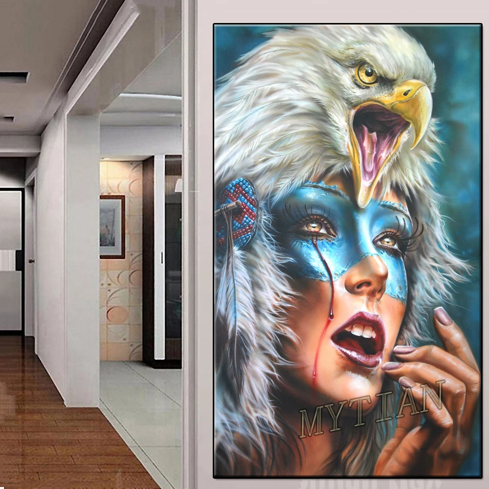 

full square/round 5D DIY diamond painting Beautiful Blood Weeping Indian girl Eagle Embroidery Pattern Cross stitch mosaic decor