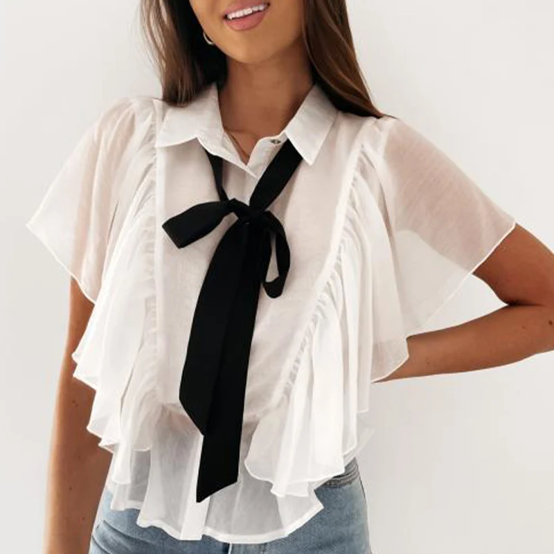 

Chiffon Thin White Women's Blouses 2021 Summer Short Batwing Sleeve Turn-Down Collar Tie Ruffles Female Shirts Casual Loose Tops