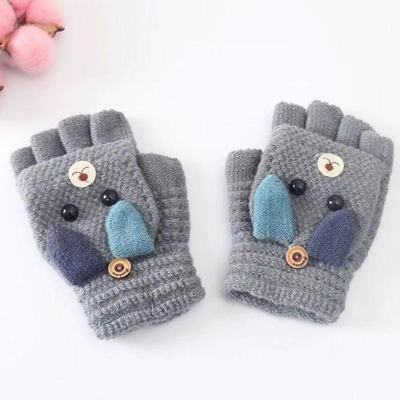 

Winter Christmas Kids Warm Gloves Primary School Cashmere Knit Flip Half Finger Gloves Cartoon Mittens For Boys Girls 5-13Y